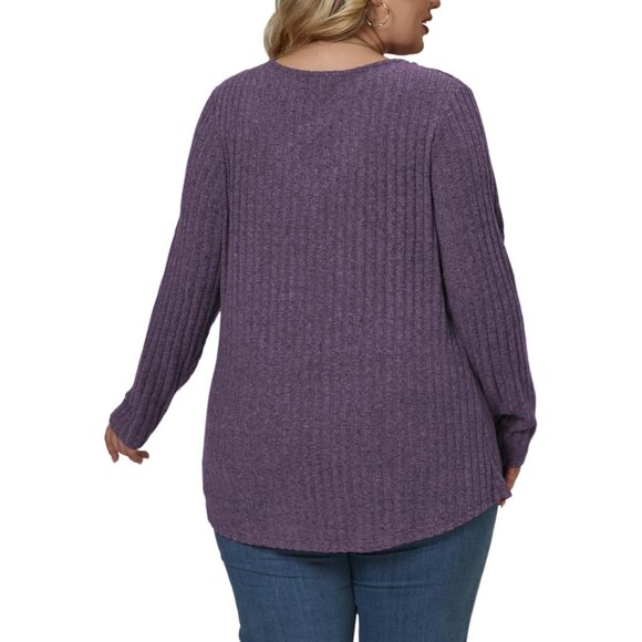 Plus Size Women's Knitted V Neck Top Long Sleeve Casual Blouse - Picture 4 of 7